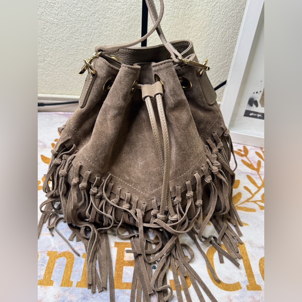 Isaodora Fringed Tan Suede Leather Italian Bucket Bag